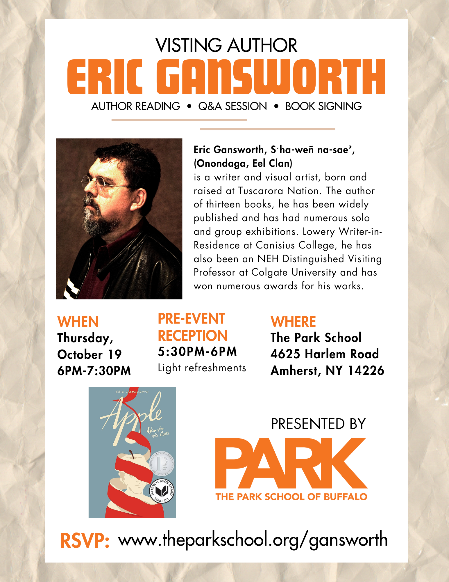 Park Welcomes Award-Winning Poet and Novelist Eric Gansworth